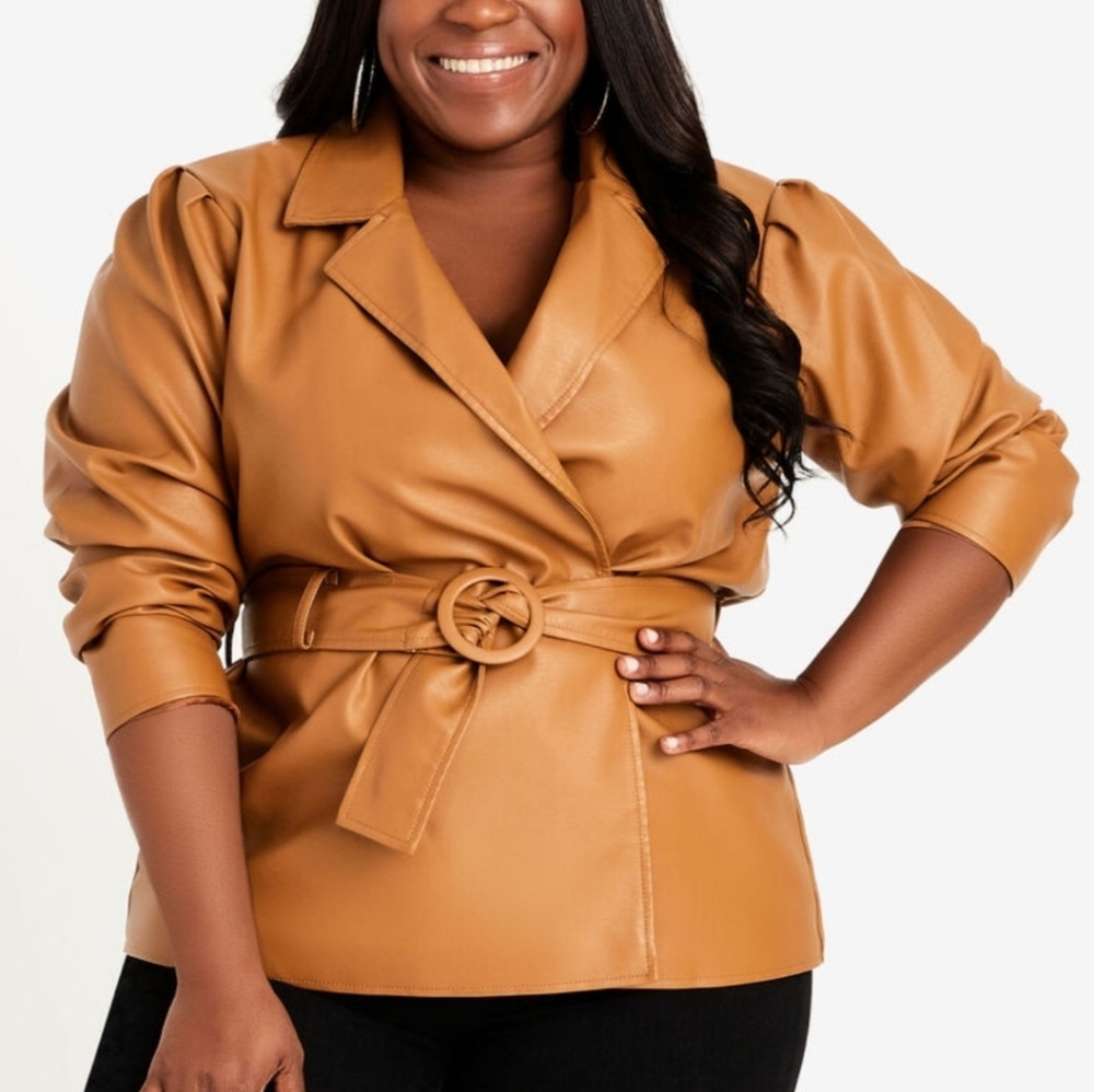 Pale Gold Faux Leather Belted Jacket